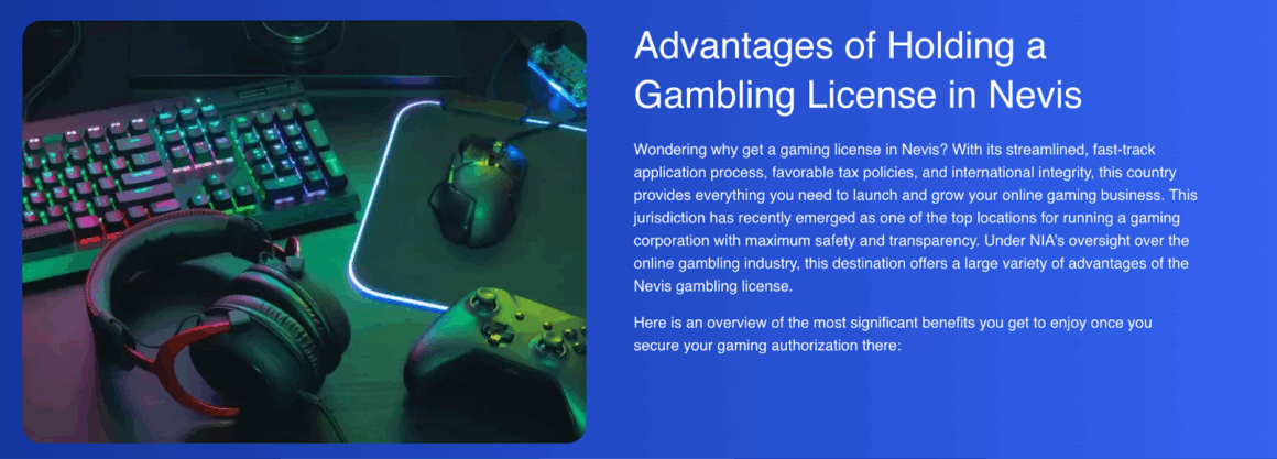 Gaming keyboard, headset, and controller beside text titled ‘Advantages of Holding a Gambling License in Nevis.