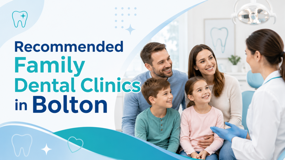 Image alt text: This image shows a family of four smiling and chatting with a dentist in a dental clinic