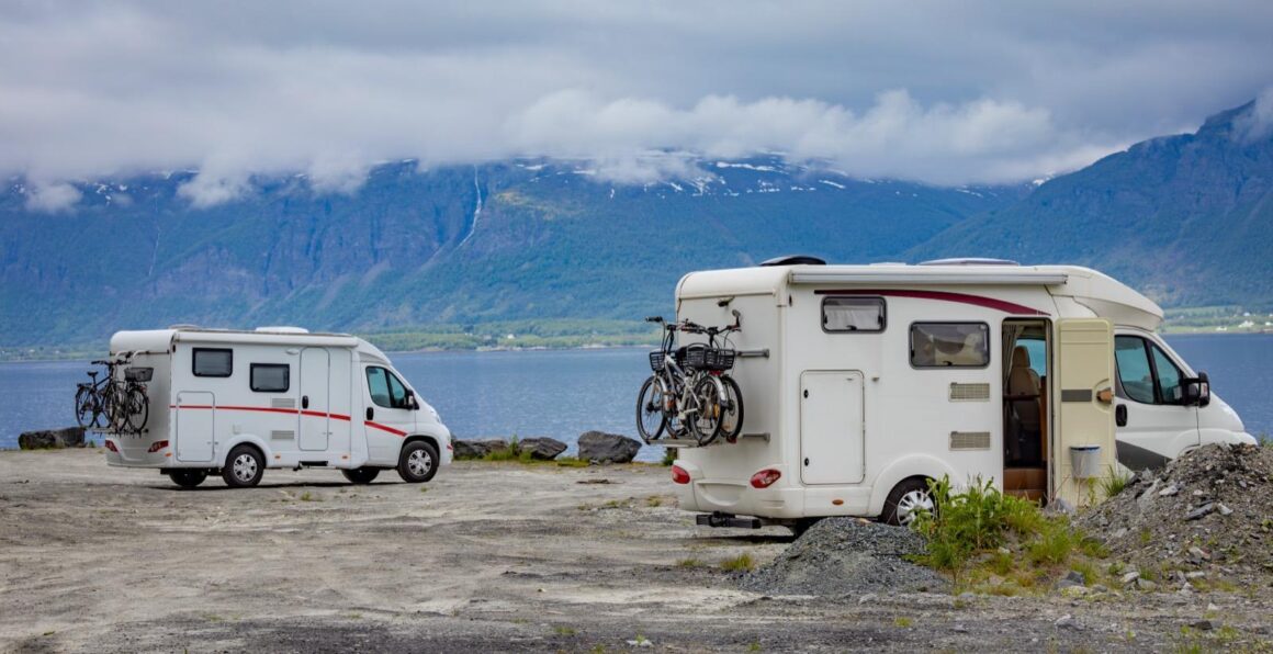 Caravan set up for a family holiday trip on the road
